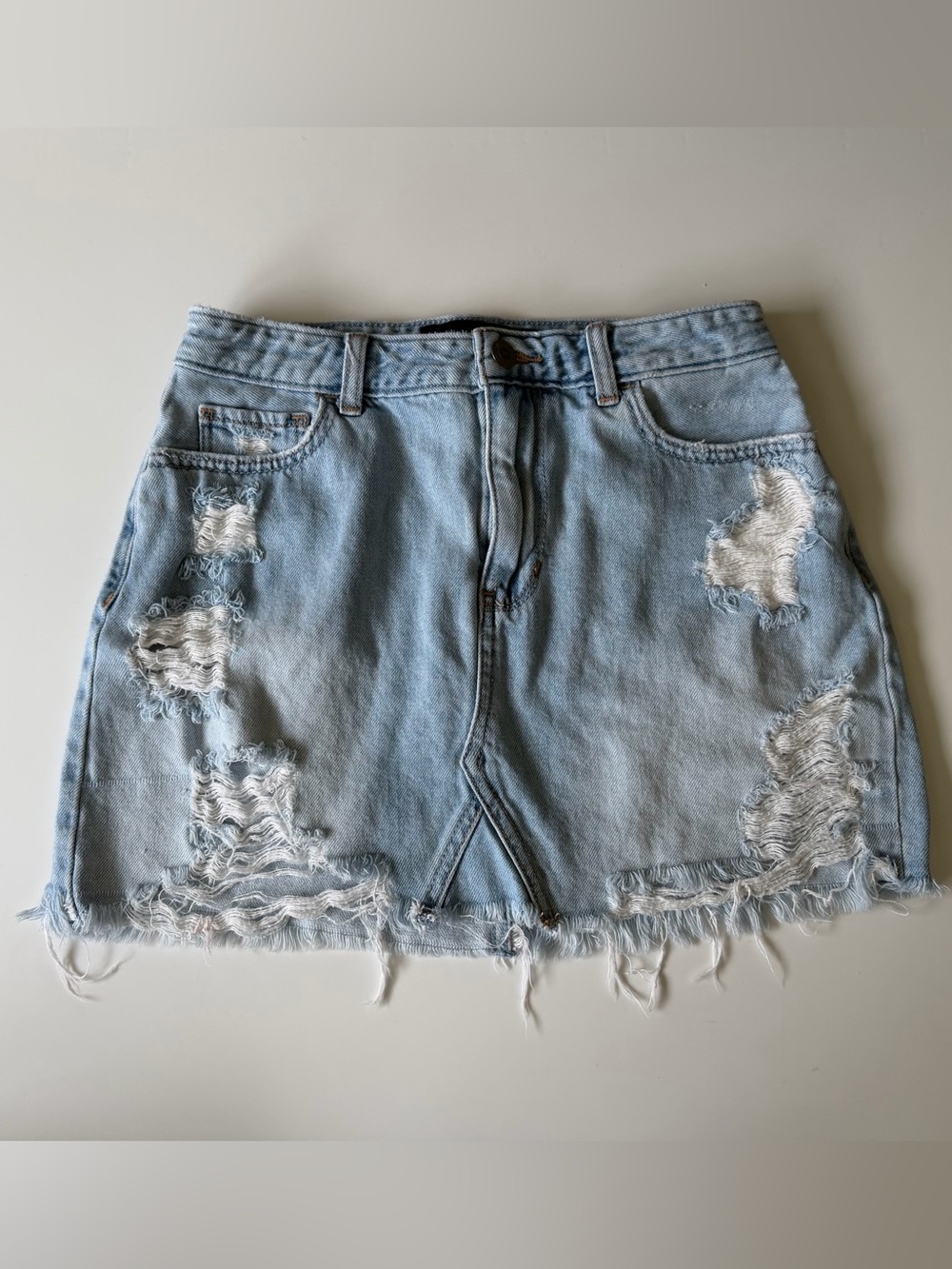 Hollister Light Blue Distressed High-Rise Denim Mini Skirt Size 5 W27” Festival
